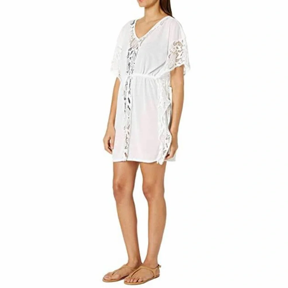 Wearabouts White‎ Floral Caftan Dress White Swim Cover-Up L